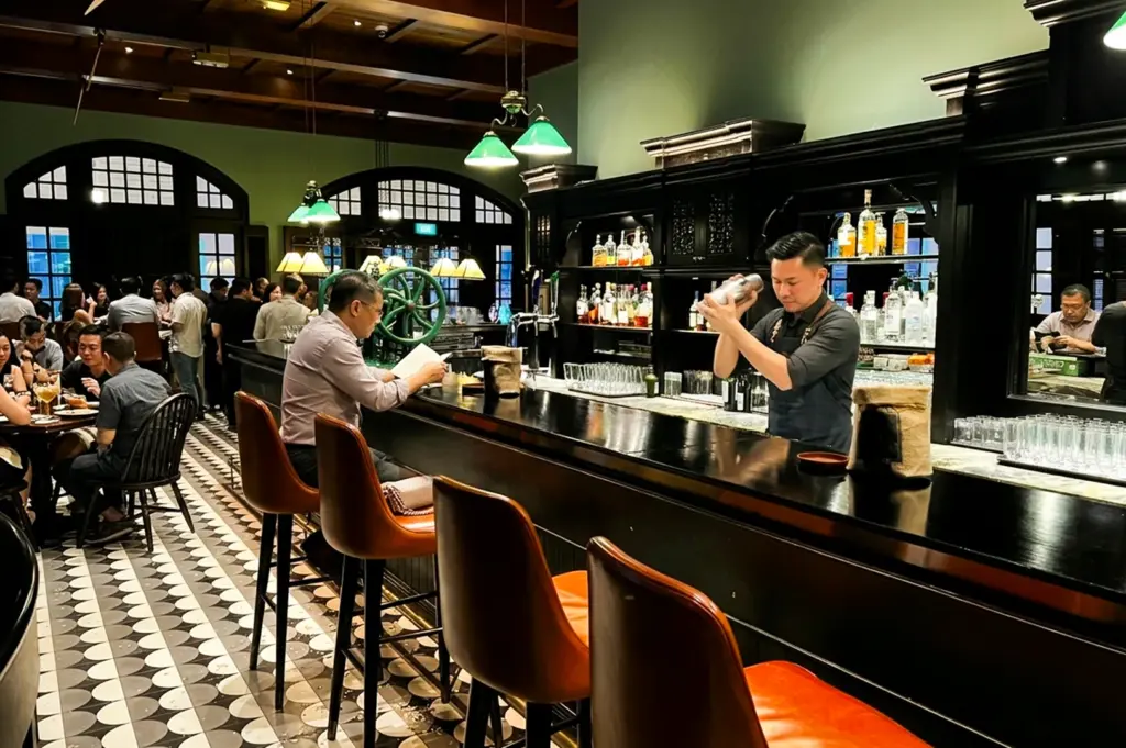 Wide-angle, eye-level interior shot of a classic cocktail bar with patterned tile floors, a bartender shaking drinks behind the counter, and patrons enjoying a relaxed evening atmosphere.