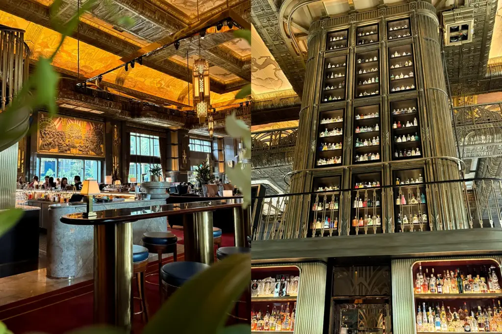 Left—wide-angle view of a grand luxury bar in Singapore with high ceilings and elegant seating; Right—low-angle shot of a dramatic multi-level back bar showcasing an extensive spirits collection.