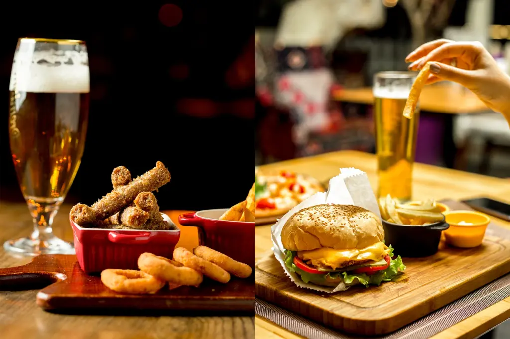 Split image showing bar food and drinks: Left side features a glass of beer with assorted fried appetizers, while the Right side shows a cheeseburger with fries and dipping sauces, highlighting classic comfort food that pairs well with drinking.