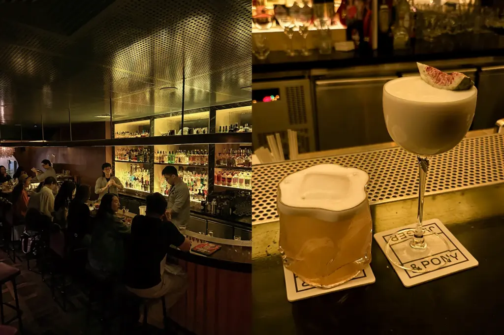 Left—wide shot of a lively Singapore cocktail bar with guests seated at the counter; Right—close-up of classic and modern cocktails served at the bar.