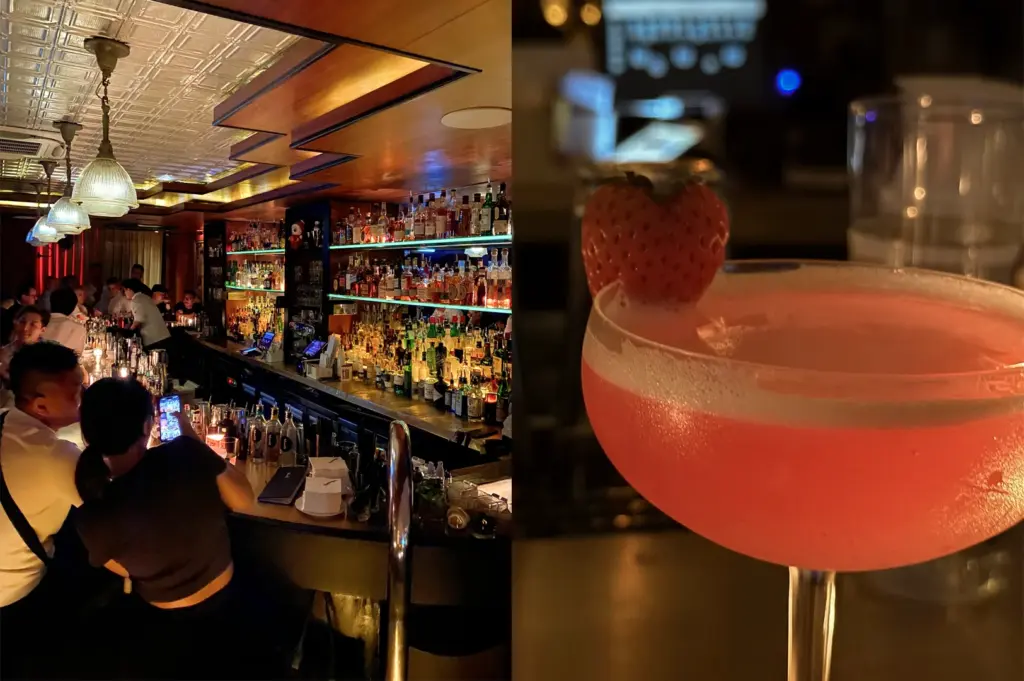 Split image: Left—close-up of a pink cocktail garnished with fresh strawberry; Right—wide-angle view of a bustling Singapore bar with illuminated shelves and patrons socializing.