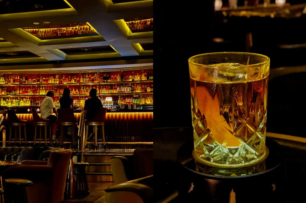 Left—wide-angle view of a luxury Singapore bar with a glowing back bar lined with spirits and patrons seated at the counter; Right—close-up of a crystal glass cocktail with a citrus twist on a dark reflective surface.