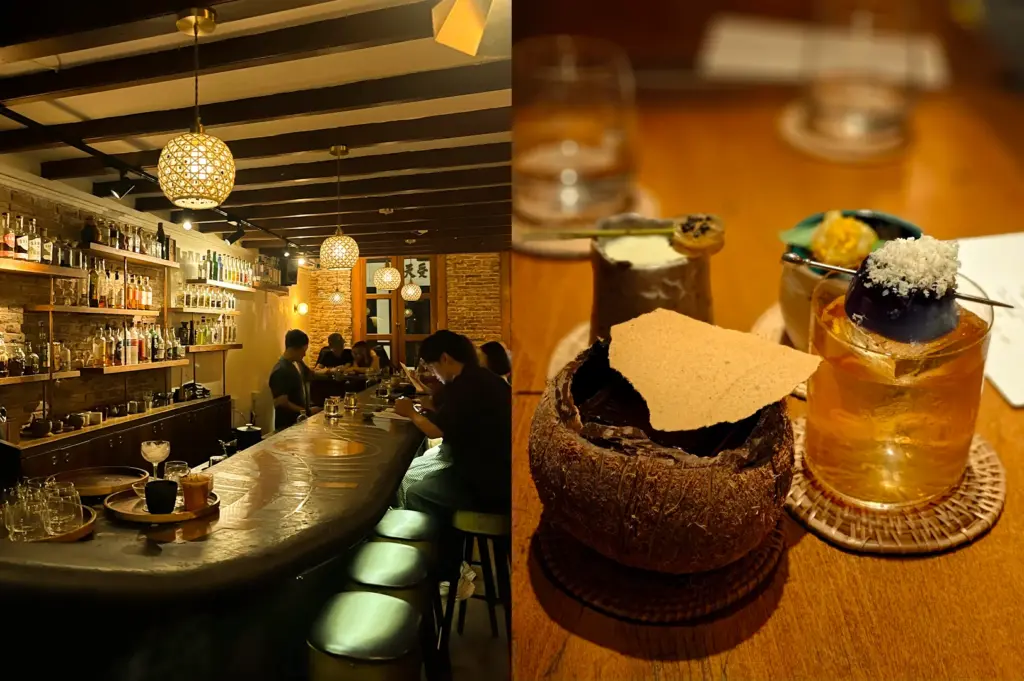 Left—eye-level wide shot of a cozy Singapore cocktail bar with a curved marble counter, hanging pendant lights, and guests seated at the bar; Right—close-up of three craft cocktails, including one served in a coconut shell, presented on a wooden table.