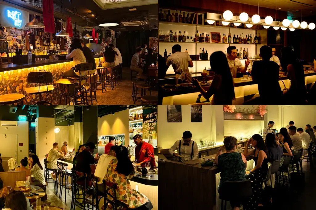 Four‑panel split image of top cocktail bars in Singapore: Upper left—Bar Bon Funk with a lively counter scene and guests seated along a warmly lit bar; Upper right—Sago House showcasing an intimate, standing‑room bar packed with patrons; Lower left—The Last Word featuring a relaxed cocktail bar setting with guests socializing; Lower right—The Elephant Room with bartenders serving drinks across a sleek counter inspired by Indian design.