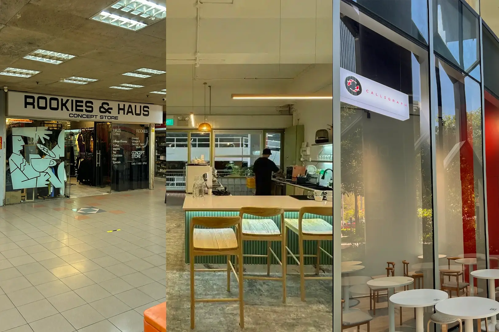 Left: wide-angle, eye-level shot of a retail storefront inside a shopping mall with visible text ‘ROOKIES & HAUS CONCEPT STORE,’ glass entrance, and tiled flooring under bright ceiling lights; Center: eye-level interior shot of a minimalist café counter with wooden stools, a barista workspace, and warm overhead lighting, featuring clean surfaces and muted green accents; Right: low-angle, exterior shot of a modern café façade with large glass windows and a visible ‘CALLIGRAPH’ sign, showing small round tables and chairs inside with natural daylight reflections on the glass.
