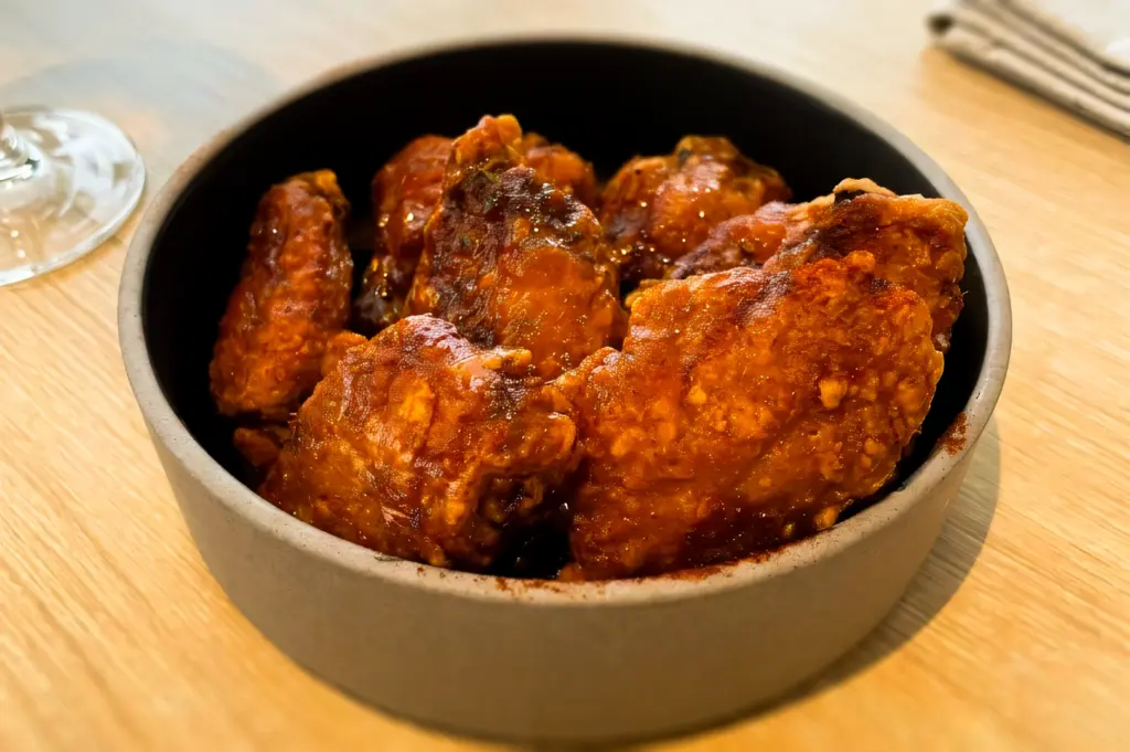 Close-up angle of honey paprika crispy chicken wings in a ceramic bowl on a wooden table, representing casual dining and self-taught food appreciation.
