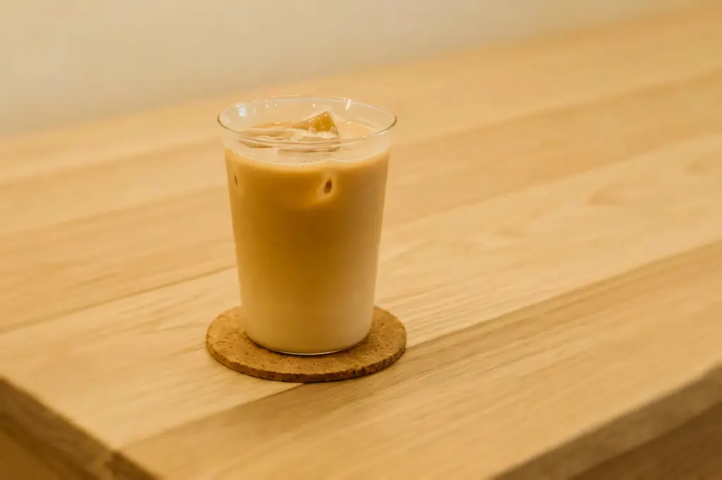 Iced creamy milk coffee in clear plastic cup with ice on a minimalist wooden table, photographed at a soft eye-level slight high-angle for a clean café-style aesthetic.