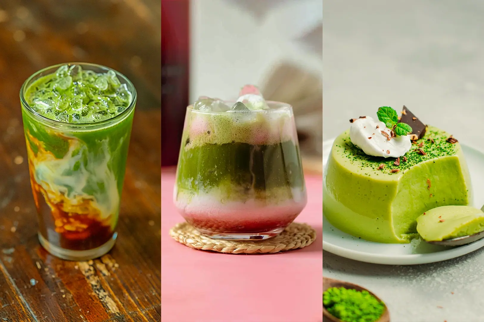 “Left: close-up, eye-level shot of an iced matcha latte in a clear glass on a wooden table, featuring layered milk, dark syrup, and vibrant green matcha with ice cubes and creamy swirls; Center: eye-level, close-up shot of a layered iced matcha drink with green tea, milk foam, and a pink fruit base in a rounded glass on a woven coaster, set against a soft pastel background; Right: three-quarter close-up shot of a smooth matcha dessert on a white plate, dusted with green matcha powder and topped with whipped cream, mint leaves, and chocolate garnish, with a sliced portion revealing a dense, creamy texture.