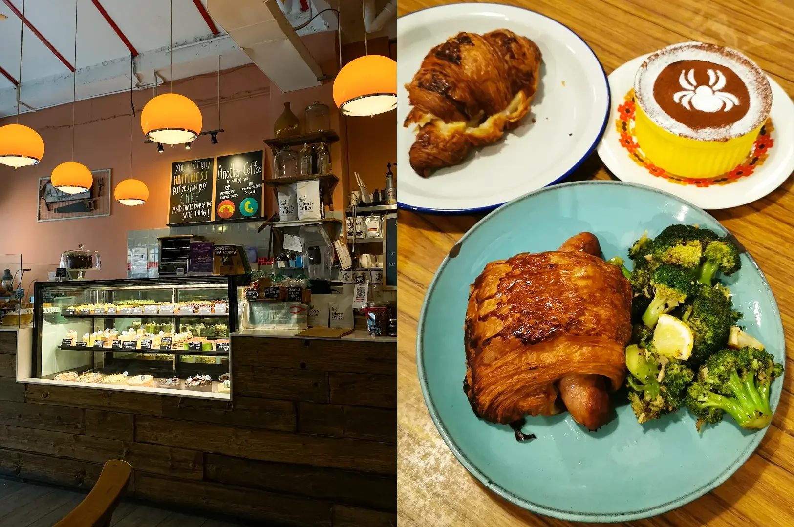 Left: Wide-angle, eye-level interior view of a cozy café with warm pendant globe lights, a glass dessert display filled with pastries, handwritten menu boards on a soft pink wall, wooden counters, and an intimate, softly lit atmosphere. Right: Top-down shot of a wooden table set with multiple brunch dishes, including a croissant on a white plate, a yellow ceramic cup of coffee topped with cocoa powder latte art, and a teal plate holding a sausage wrapped in flaky pastry served with seasoned broccoli.