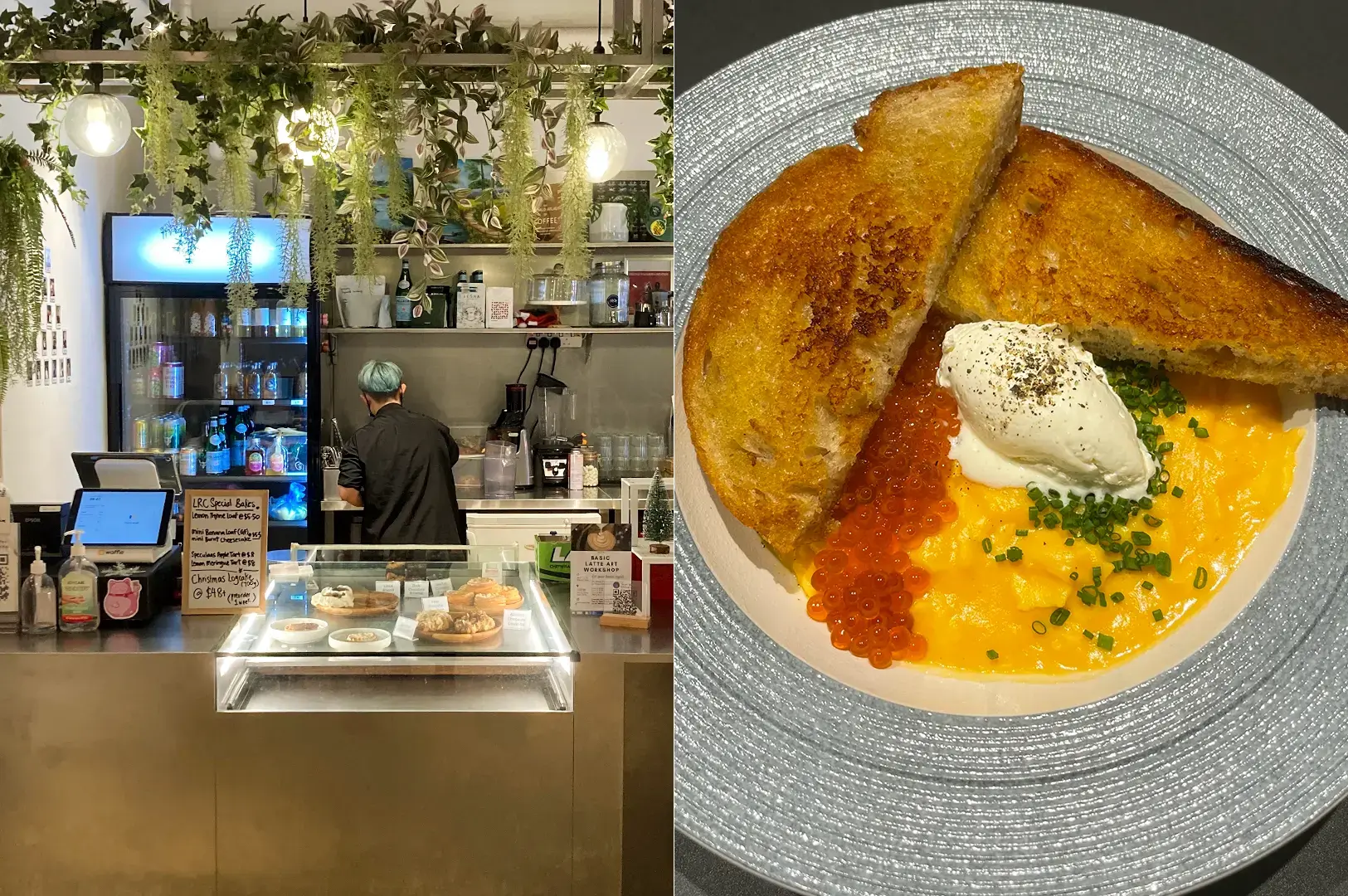 Left: Eye-level, medium-wide shot of a compact café counter with a barista working behind a glass pastry display, hanging plants overhead, bottled drinks in a refrigerated case, and warm, diffused indoor lighting. Right: Close-up, top-down food shot of a plated brunch dish featuring two thick slices of golden-brown toasted bread leaning over a creamy yellow sauce, topped with a poached egg, orange salmon roe, chopped green herbs, and cracked black pepper on a textured grey plate.