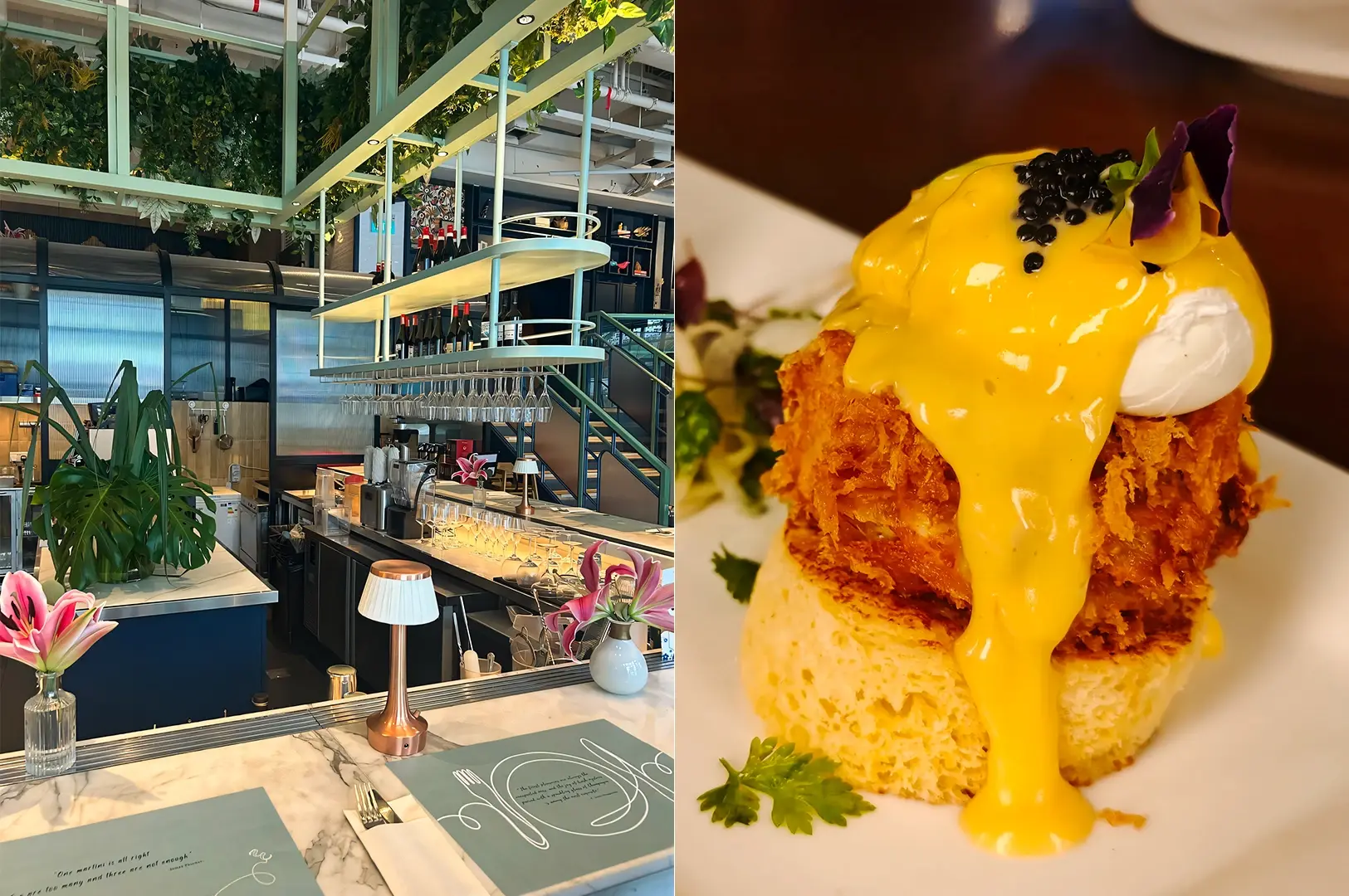 Left: Wide-angle, eye-level interior shot of a modern café bar with marble countertops, hanging wine glasses, copper table lamps, and lush green plants suspended from a pale green metal ceiling structure, softly lit by warm ambient lighting. Right: Close-up, eye-level food shot of an eggs benedict-style dish featuring a crispy golden base topped with shredded meat, a poached egg, thick glossy yellow hollandaise sauce dripping down the sides, black caviar-like garnish, and microgreens on a white plate.