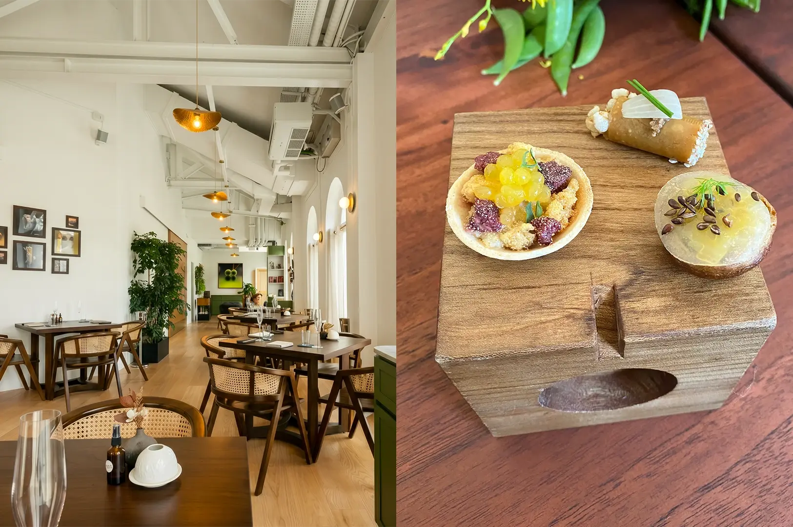 Left: Wide-angle eye-level view of a modern Singapore restaurant interior with wooden tables and woven chairs, white high ceilings with exposed ducts, warm pendant lighting, framed wall art, and indoor plants creating a bright, minimalist dining space. Right: Top-down close-up of a wooden serving board on a table holding assorted plated appetizers including a small tart with yellow garnish, a bread roll topped with seeds, and a cylindrical bite, with natural textures and soft lighting highlighting the food presentation.