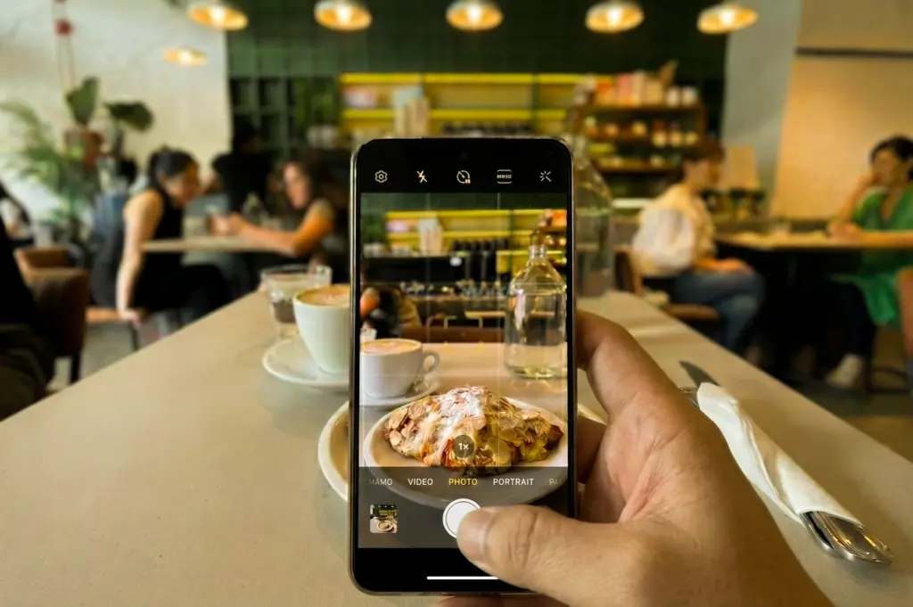 An eye-level, first-person point-of-view (POV) shot focusing on a person's hand holding a smartphone to photograph an almond croissant and coffee at Atlas Coffeehouse in Bukit Timah, with the phone screen perfectly framing the food while the busy cafe background remains softly out of focus.