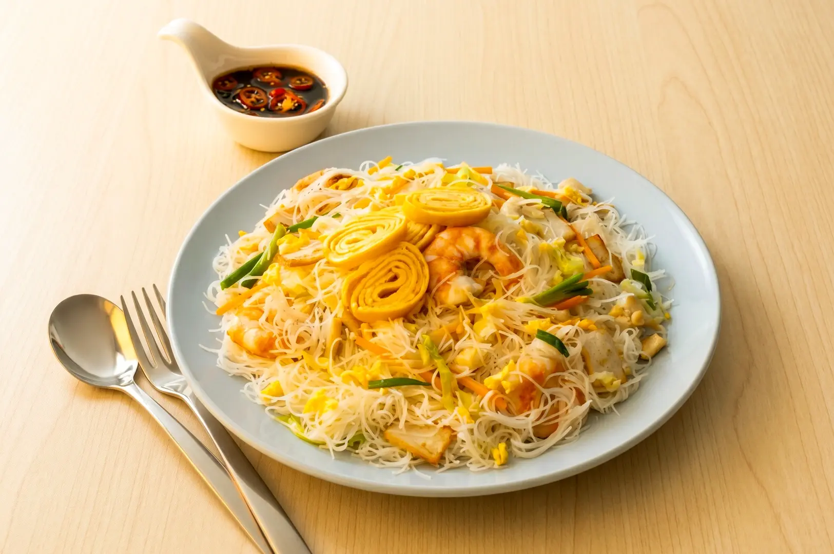 Singapore bee hoon stir-fried rice vermicelli with shrimp, egg, and vegetables served with soy chili sauce, photographed in angled overhead shot at Instagram worthy restaurant
