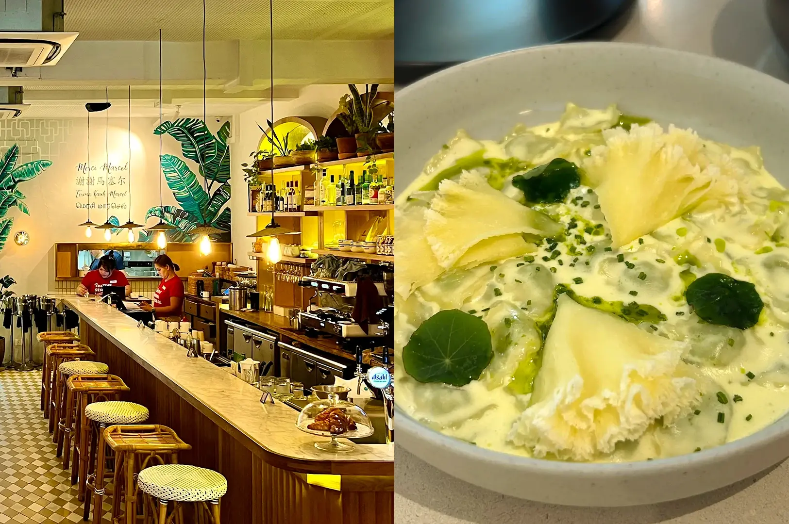 Left: Wide-angle eye-level shot of a bright café bar with a long marble counter, woven bar stools, warm pendant lighting, and a wall mural of large green leaves with visible text ‘Merci Marcel’, plus open shelving stocked with bottles and glassware; Right: Top-down close-up of a bowl of ravioli pasta in creamy sauce garnished with grated cheese, green herbs, and leafy greens, emphasizing smooth textures and soft lighting on a neutral tabletop.