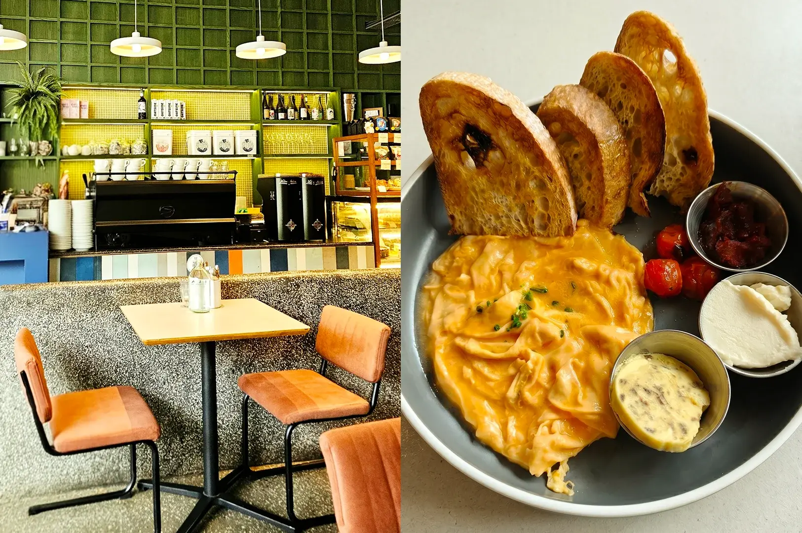 Left: Eye-level wide-angle view of a stylish café interior with a green tiled feature wall, illuminated shelving filled with cups and bottles, espresso machine on the counter, pendant lights, and a small two-seat table with upholstered chairs in the foreground; Right: Top-down close-up of creamy scrambled eggs plated with toasted artisan bread slices, small portions of butter and jam in metal ramekins, and roasted cherry tomatoes, highlighting rich textures and warm tones on a ceramic dish.