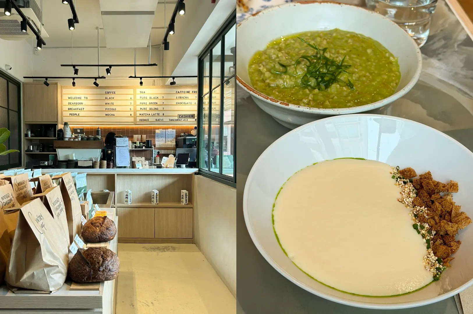 Left: Eye-level wide-angle shot of a bright minimalist café interior with a clean counter setup, overhead track lighting, wall-mounted menu board, and shelves displaying packaged goods and baked items in a modern Singapore brunch setting. Right: Top-down close-up of plated dishes including a smooth creamy base and a granola bowl topped with a green mixture and fine garnish, with natural lighting highlighting textures, grains, and layered presentation on neutral ceramic plates.