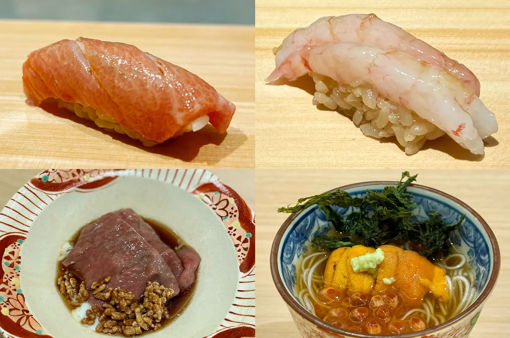Upper Left: Close-up, eye-level shot of fatty tuna (otoro) nigiri on a light wooden surface, with glossy marbled pink fish draped over compact white rice. Upper Right: Close-up, eye-level shot of shrimp nigiri with a translucent white and pink shrimp topping over rice on a pale wooden board. Lower Left: Slightly angled close-up of Wagyu suki-shabu in a shallow ceramic bowl, featuring thin slices of beef in a dark sauce with a small cluster of minced garnish. Lower Right: Close-up, slightly elevated shot of uni somen in a patterned bowl, topped with bright orange sea urchin, roe, and greens, with thin noodles visible beneath the broth