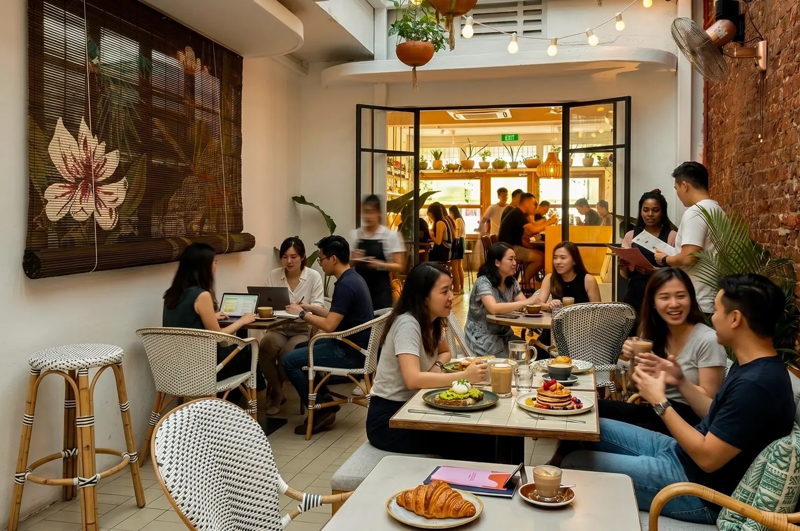 Wide-angle eye-level view of a bright indoor café courtyard with tiled flooring, woven bistro chairs, and small square tables filled with plated brunch dishes and coffee cups, featuring hanging plants, warm string lights, and a brick accent wall on one side; in the foreground, a table holds croissants, pancakes, and drinks, while in the background, glass doors open into a busier dining area with additional seating and soft natural daylight filtering through windows, creating a lively weekend brunch atmosphere.