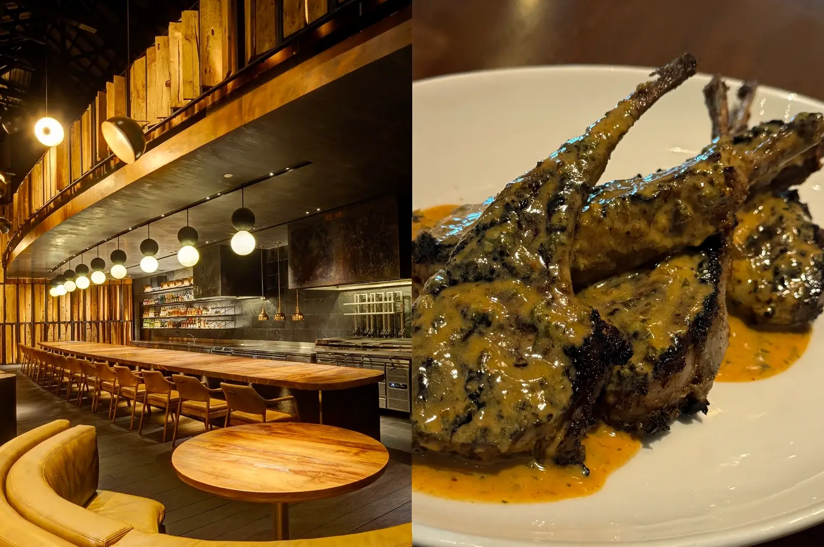 Left: Eye-level wide-angle view of a contemporary Singapore restaurant interior featuring a long wooden communal table, rows of chairs, warm pendant globe lighting, and vertical wood panel accents creating a cozy, upscale dining atmosphere. Right: Close-up three-quarter angle of grilled meat chops coated in a glossy sauce on a white plate, with charred textures and rich glaze highlighted under warm lighting.