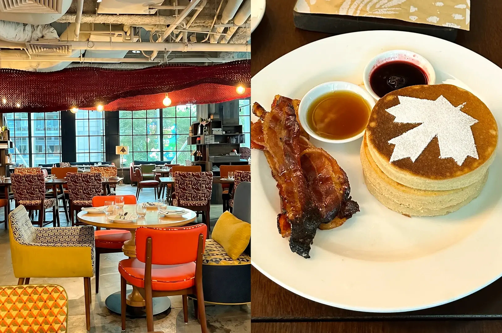 Left: Wide-angle eye-level shot of a spacious restaurant dining area with colorful upholstered chairs, round tables set with glassware, large grid windows letting in natural light, and decorative red ceiling installation creating a lively brunch atmosphere; Right: Top-down close-up of fluffy pancake stack topped with powdered sugar design, served with crispy bacon strips and small bowls of syrup and sauce on a white plate on a wooden table.