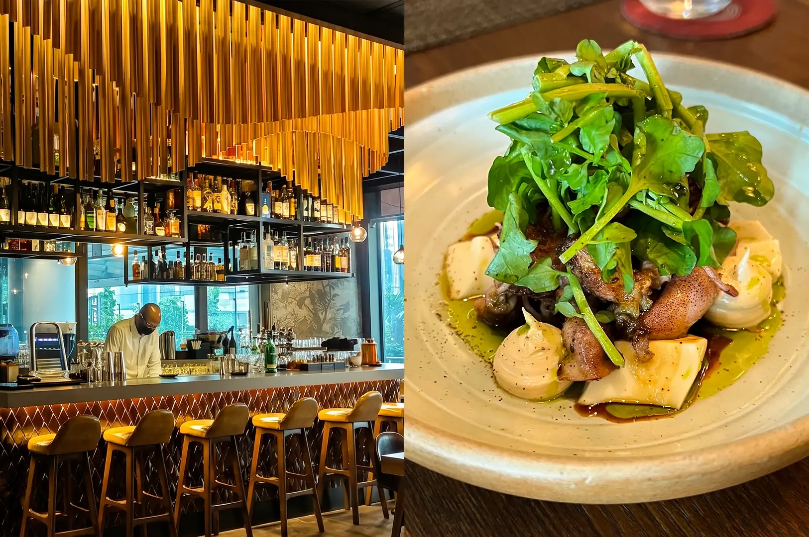 Left: Eye-level wide-angle shot of a stylish bar interior in a Singapore restaurant with tall wooden slat ceiling design, illuminated shelves of liquor bottles, bar stools, and a bartender behind the counter, creating a warm and contemporary ambiance. Right: Close-up top-down angle of a plated dish featuring greens layered over seafood and vegetables, with sauce and oil glistening on a neutral ceramic plate, highlighting texture, color contrast, and fine dining presentation.