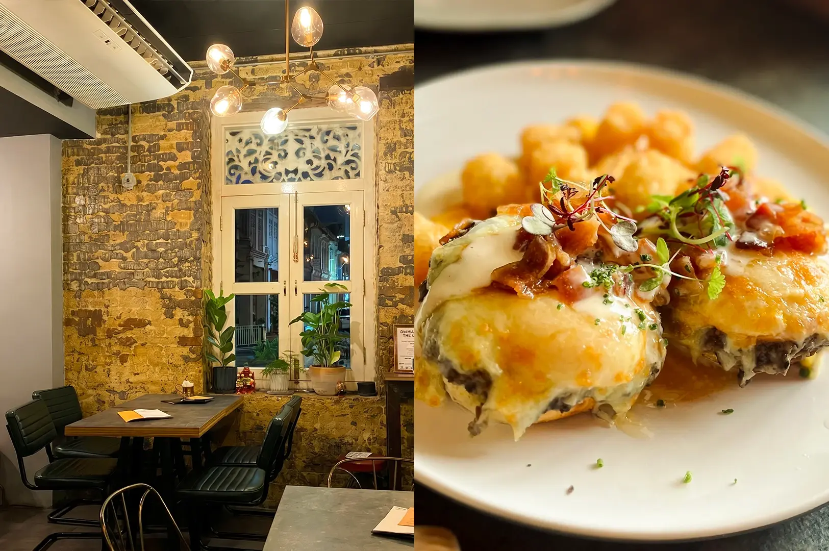 Left: Eye-level wide-angle view of a cozy café interior with exposed brick walls, wooden table seating, black chairs, indoor potted plants by a window, and a modern chandelier with round bulbs creating warm ambient lighting; Right: Close-up three-quarter angle of a plated baked dish topped with melted cheese and garnished with chopped herbs and small greens, served alongside golden tater tots on a white plate, highlighting creamy textures and crisp edges