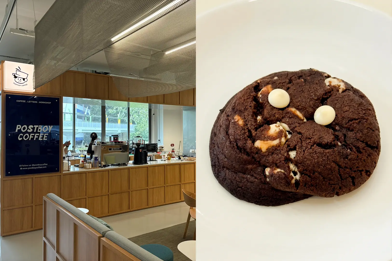 Left: Eye-level wide-angle view of a minimalist café interior with wooden panel counter, espresso machine, large windows with daylight, mesh ceiling installation, and visible ‘POSTBOY COFFEE’ signage on a blue board; Right: Top-down close-up of a thick chocolate cookie with white chocolate chips on a plain white plate, emphasizing cracked surface texture and rich, dark tones.