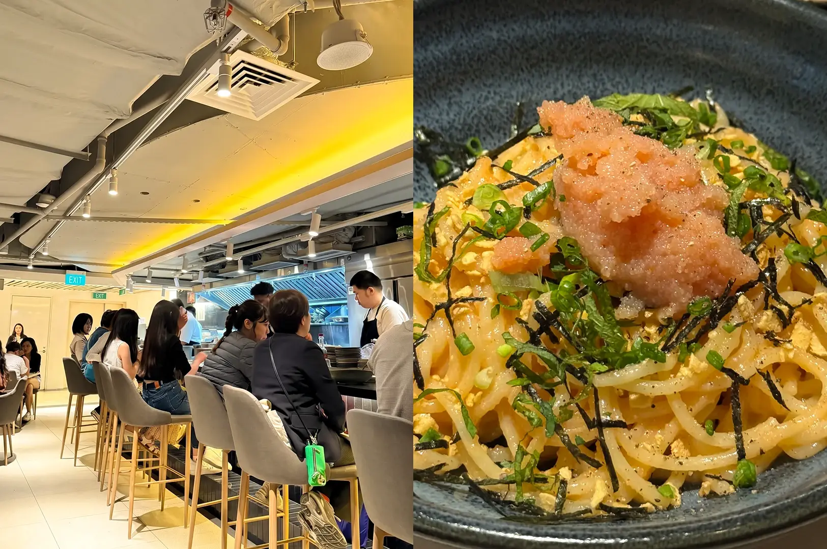 Left: Eye-level wide-angle view of a casual open-kitchen dining space with a row of seated diners at a counter, visible cooking area, exposed ceiling ducts, and warm indoor lighting creating a lively atmosphere. Right: Close-up three-quarter angle of a pasta dish topped with sauce, seaweed strips, and finely chopped greens, with glossy textures and detailed ingredients highlighted in a dark bowl.