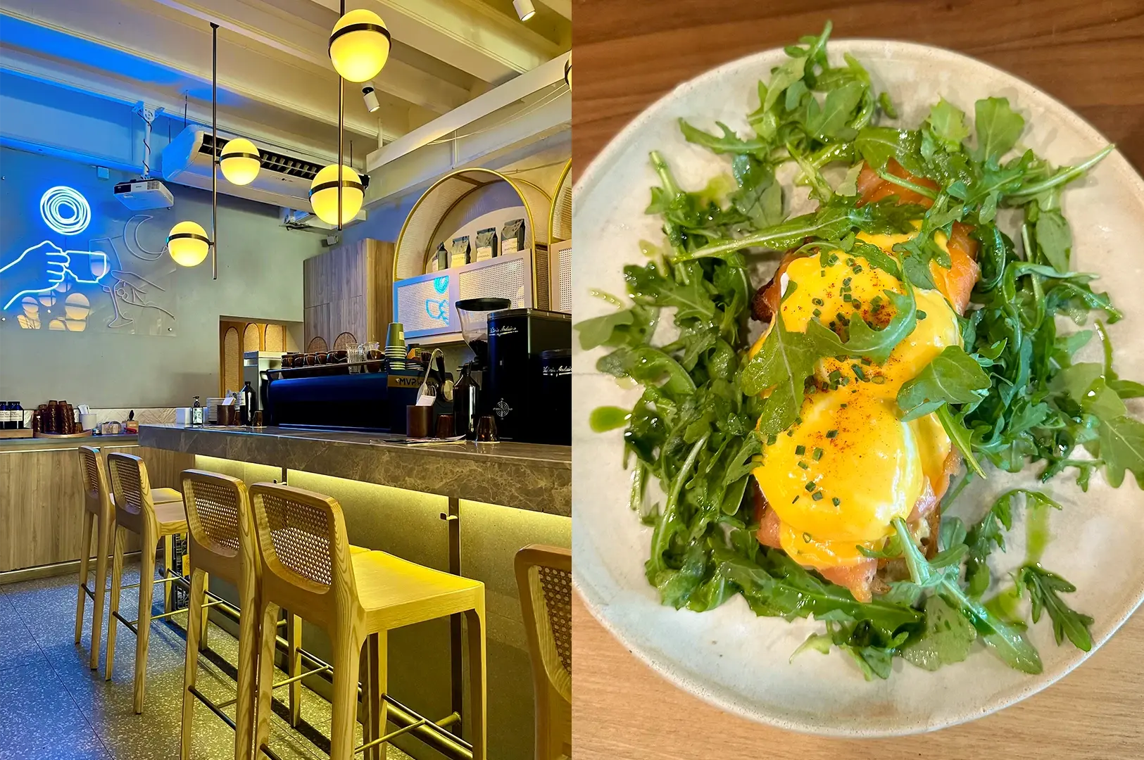 Left: Wide-angle eye-level view of a modern café bar counter with wooden stools, marble countertop, espresso machine, and warm globe pendant lights, featuring a blue neon wall sign and textured interior with soft ambient lighting; Right: Top-down close-up of eggs benedict with poached eggs, hollandaise sauce, smoked salmon, and fresh arugula greens on a ceramic plate, highlighting vibrant colors and glossy textures.