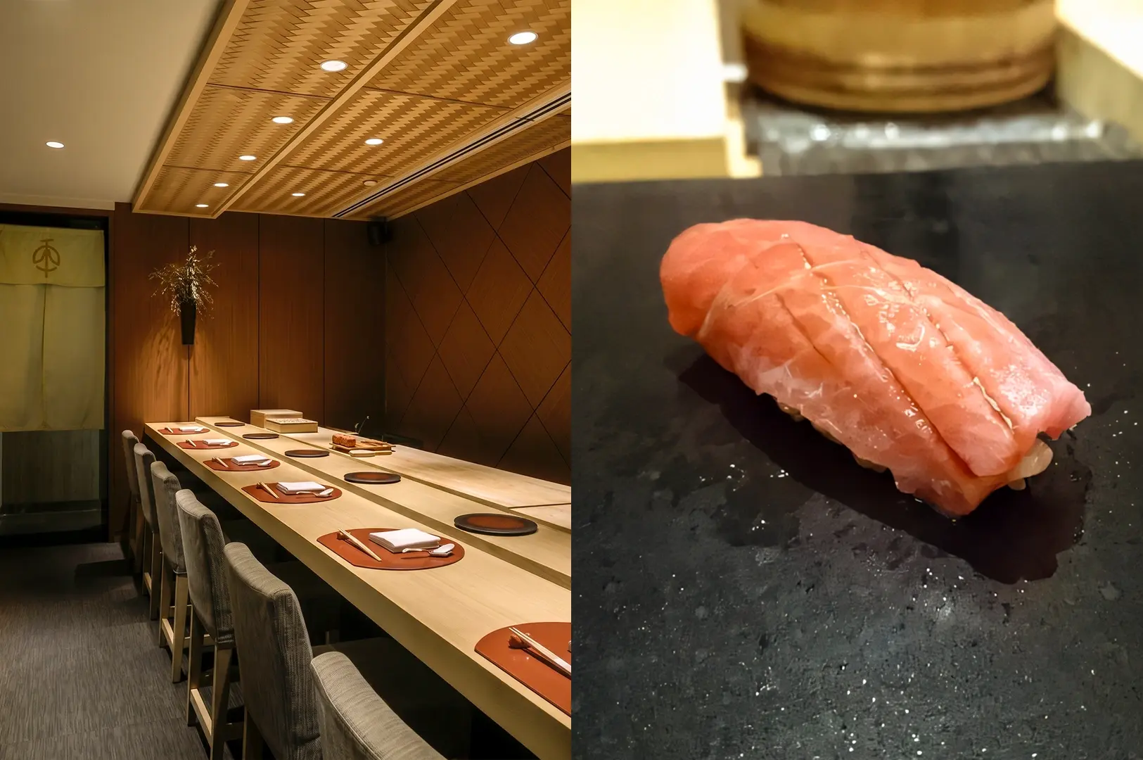 Left: Eye-level wide-angle view of an intimate Japanese omakase counter with wooden finishes, high-backed stools, neatly set place settings, and warm recessed lighting creating a refined, minimalist dining atmosphere. Right: Close-up three-quarter angle of a piece of toro nigiri sushi resting on a dark stone surface, with glossy marbled texture and subtle lighting emphasizing freshness and detail.