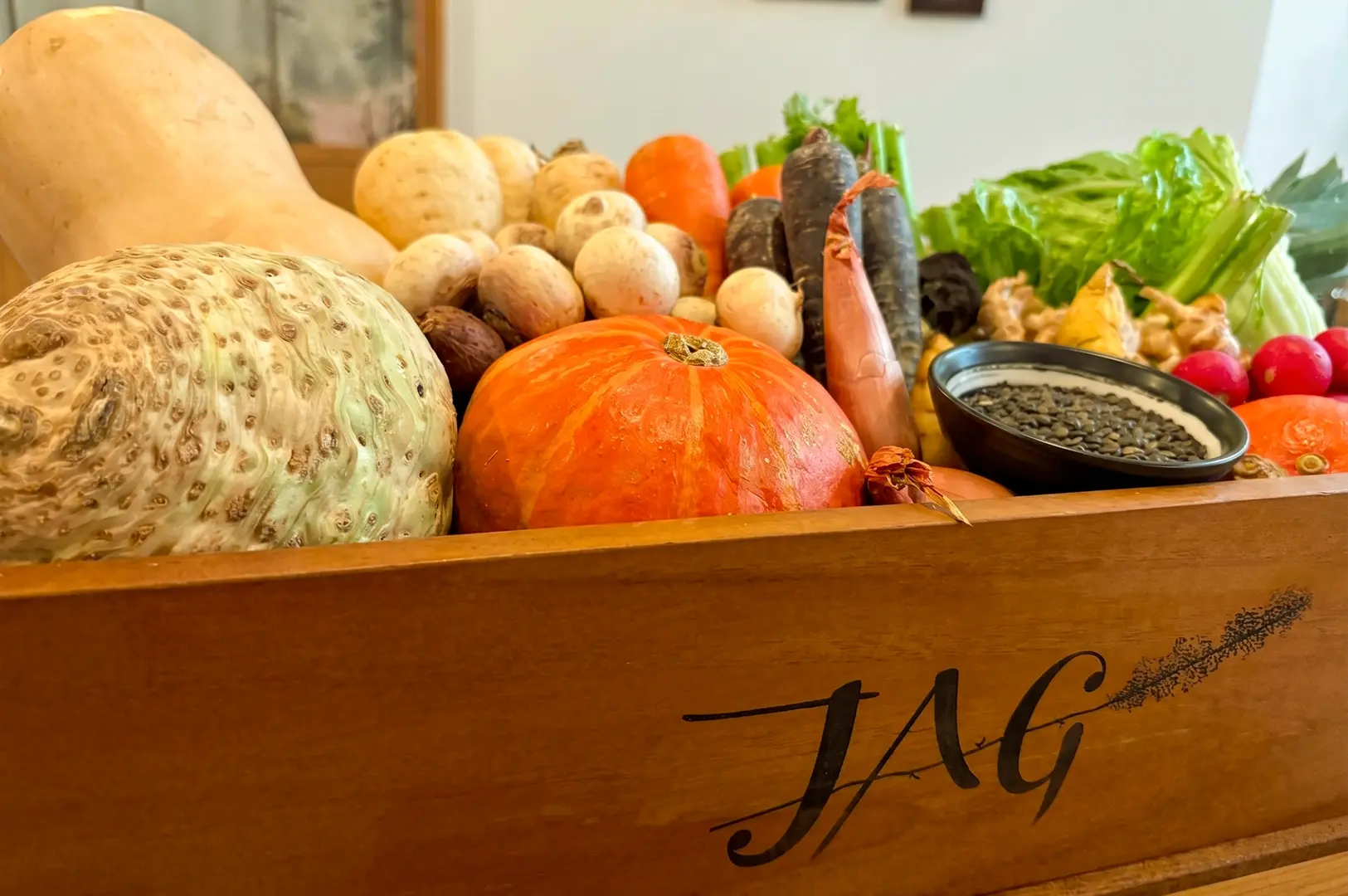 Close-up low-angle macro shot of fresh seasonal vegetables including pumpkin, carrots, mushrooms and greens at Restaurant JAG, showcasing vegetable-centric fine dining and farm-to-table ingredients in Singapore