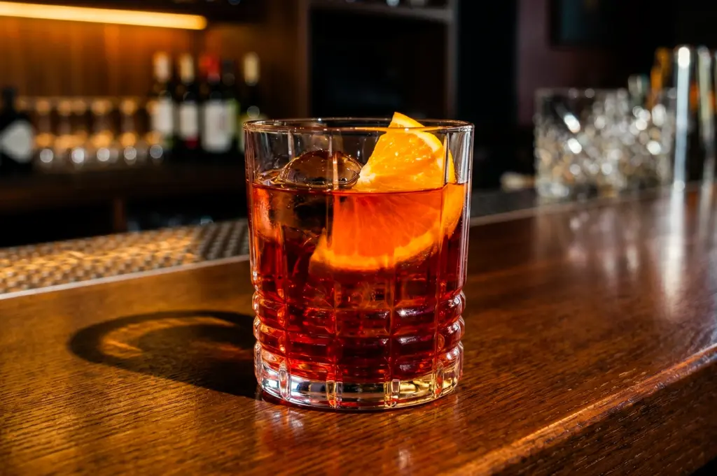 Eye-level close-up of a Negroni cocktail with orange slice garnish on a wooden bar counter in a dimly lit fine dining restaurant setting