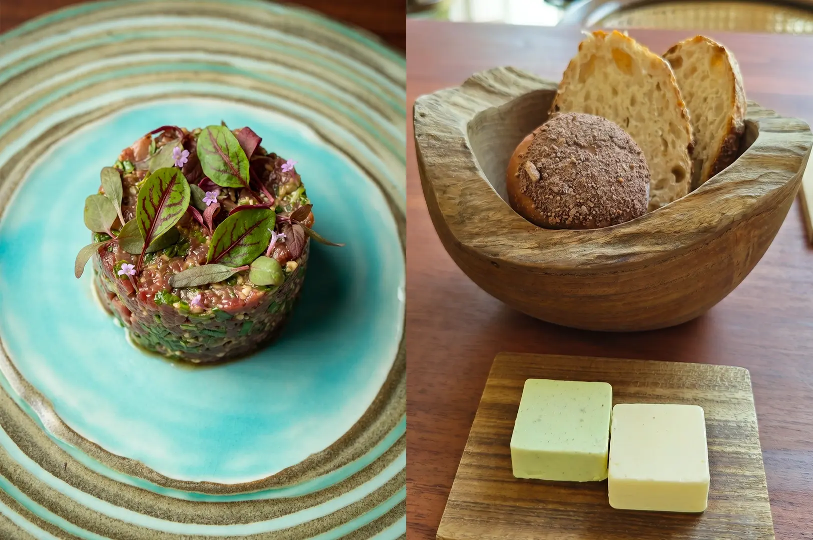Left: Close-up, eye-level shot of a finely plated wagyu beef tartare topped with microgreens and edible flowers, arranged in a neat circular mold on a turquoise ceramic plate with a textured rim, highlighting fresh ingredients, vibrant colors, and refined fine dining presentation under soft natural light. Right: Three-quarter angle shot of a rustic wooden bowl holding sliced artisanal bread and a round bread roll, paired with two pale butter cubes on a small wooden board, set on a wooden table with warm natural lighting that emphasizes the textures of wood grain, crusty bread, and creamy butter in an upscale restaurant setting.