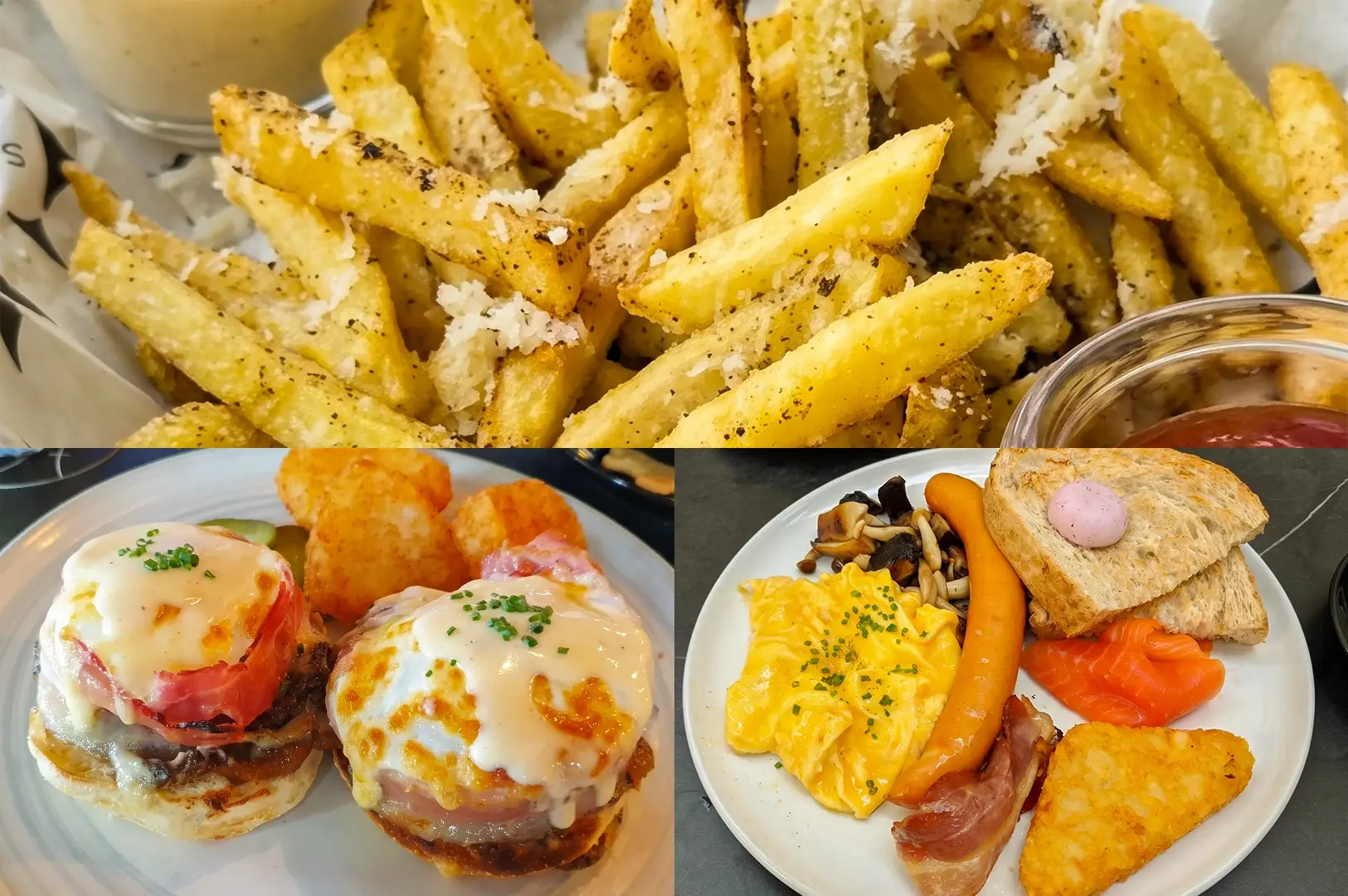Upper Image: Close-up, top-down view of golden seasoned fries topped with grated cheese, served with dipping sauce. Lower Right: Three-quarter view of a breakfast plate with scrambled eggs, mushrooms, toast, smoked salmon, sausage, bacon, and a hash brown. Lower Left: Close-up, eye-level view of eggs Benedict topped with creamy sauce, served with crispy hash browns.