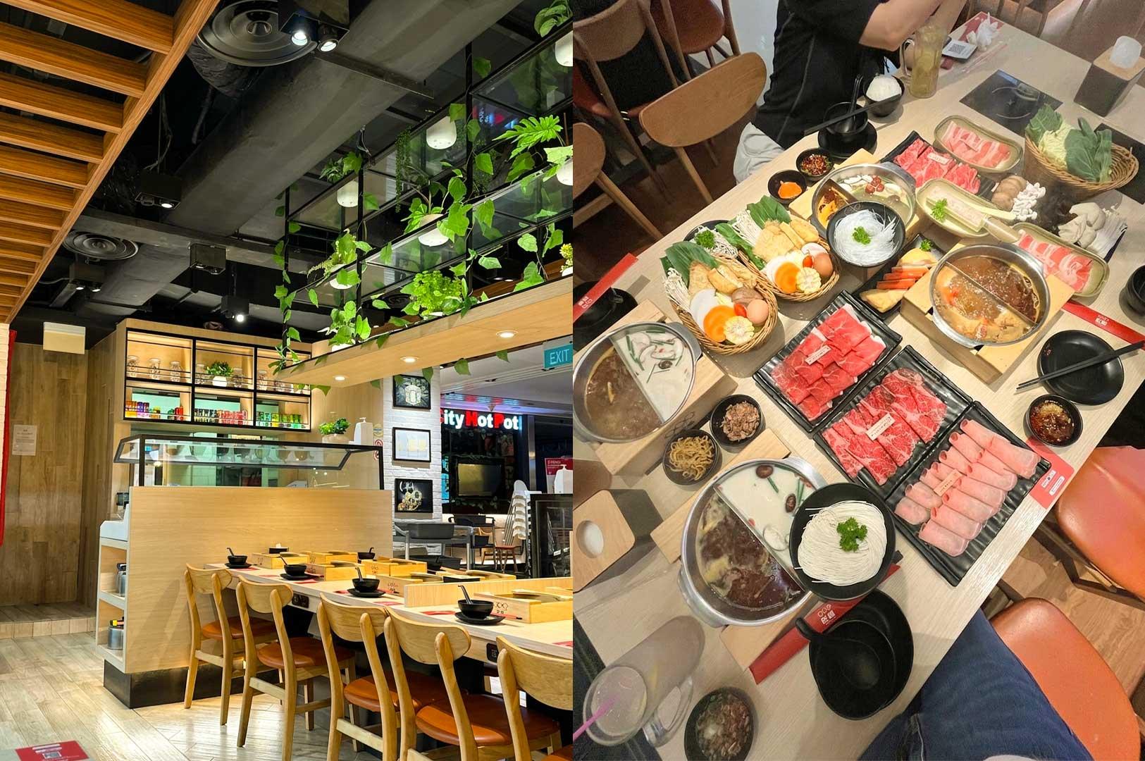 Left Panel: The interior of a modern hot pot restaurant featuring light wood seating counters set with individual hot pot stations, overhead black shelving decorated with lush green trailing houseplants, and bright recessed lighting. Right Panel: An overhead top-down view of a dining table packed with a split broth hot pot feast, including dual-flavor soup pots, trays of thinly sliced beef and pork, baskets of fresh vegetables, noodles, and dipping sauce bowls.