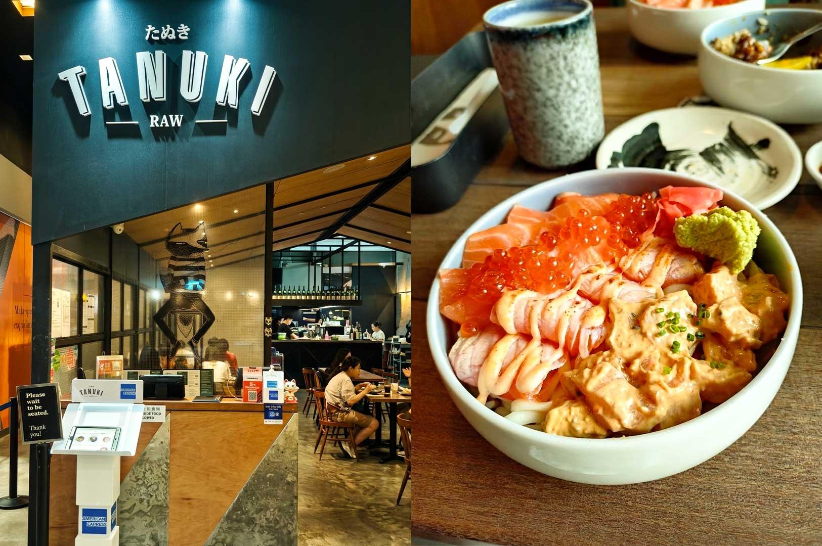 A composite image highlighting Tanuki Raw restaurant. The left panel shows the sleek modern facade with a dark blue sign reading "TANUKI RAW," an entryway host stand, and glass windows looking into the dining area. The right panel shows a close-up of a seafood donburi served in a grey ceramic bowl, overflowing with fresh salmon slices, glistening ikura, torched salmon drizzled with mayo, spicy marinated sashimi cubes, pickled ginger, and a scoop of wasa