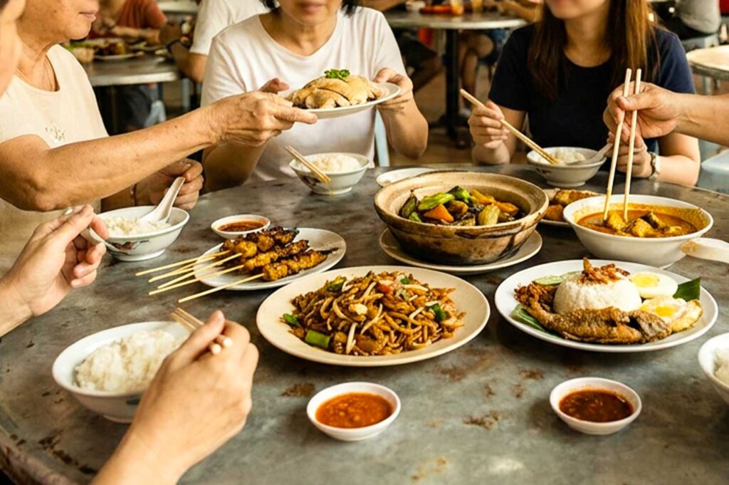 Multi-generational family sharing traditional Singaporean hawker dishes around a round table, including chicken rice, satay, char kway teow, and nasi lemak.