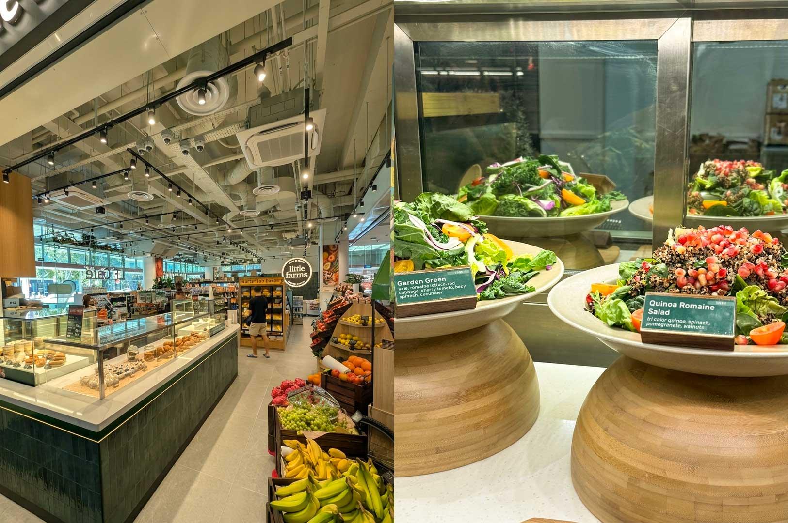 Left Panel: The interior of a modern Little Farms grocery and deli store with glass display counters for baked goods, wooden shelves stocked with fresh produce including bananas and grapes, and track lighting along an industrial-style ceiling. Right Panel: Large wooden display bowls filled with freshly prepared salads behind a glass counter, featuring a Garden Green salad with leafy greens and vegetables alongside a Quinoa Romaine Salad topped with pomegranate seeds and walnuts.