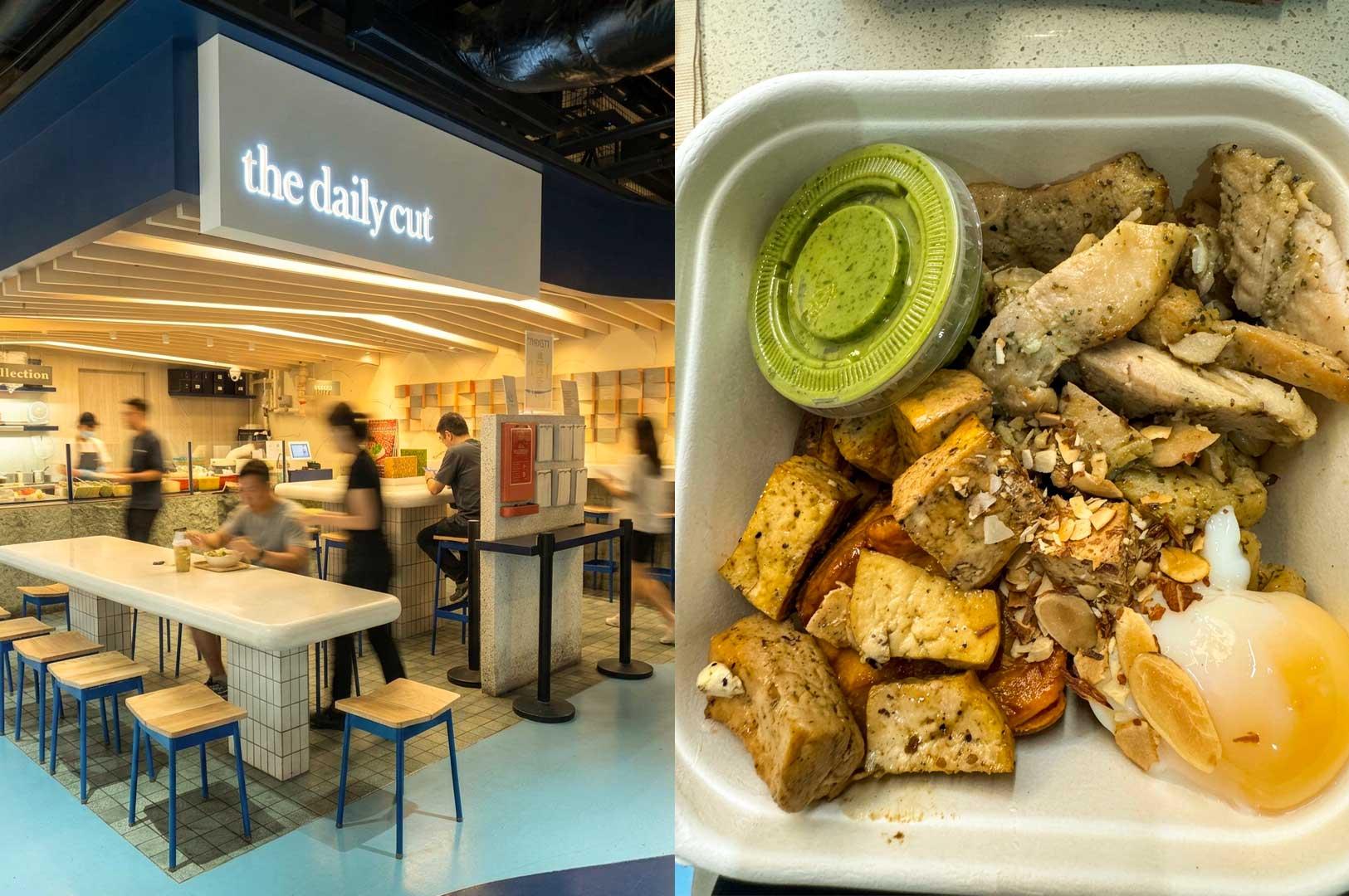 Left Panel: The modern storefront of "the daily cut" salad and protein bowl eatery featuring bright illuminated signage, long communal tables with wooden stools, and staff serving customers at the counter. Right Panel: A top-down close-up view of a takeout box packed with sliced herb chicken breast, seared tofu cubes topped with sliced almonds, an onsen soft-boiled egg, and a small plastic tub containing green pesto dressing.