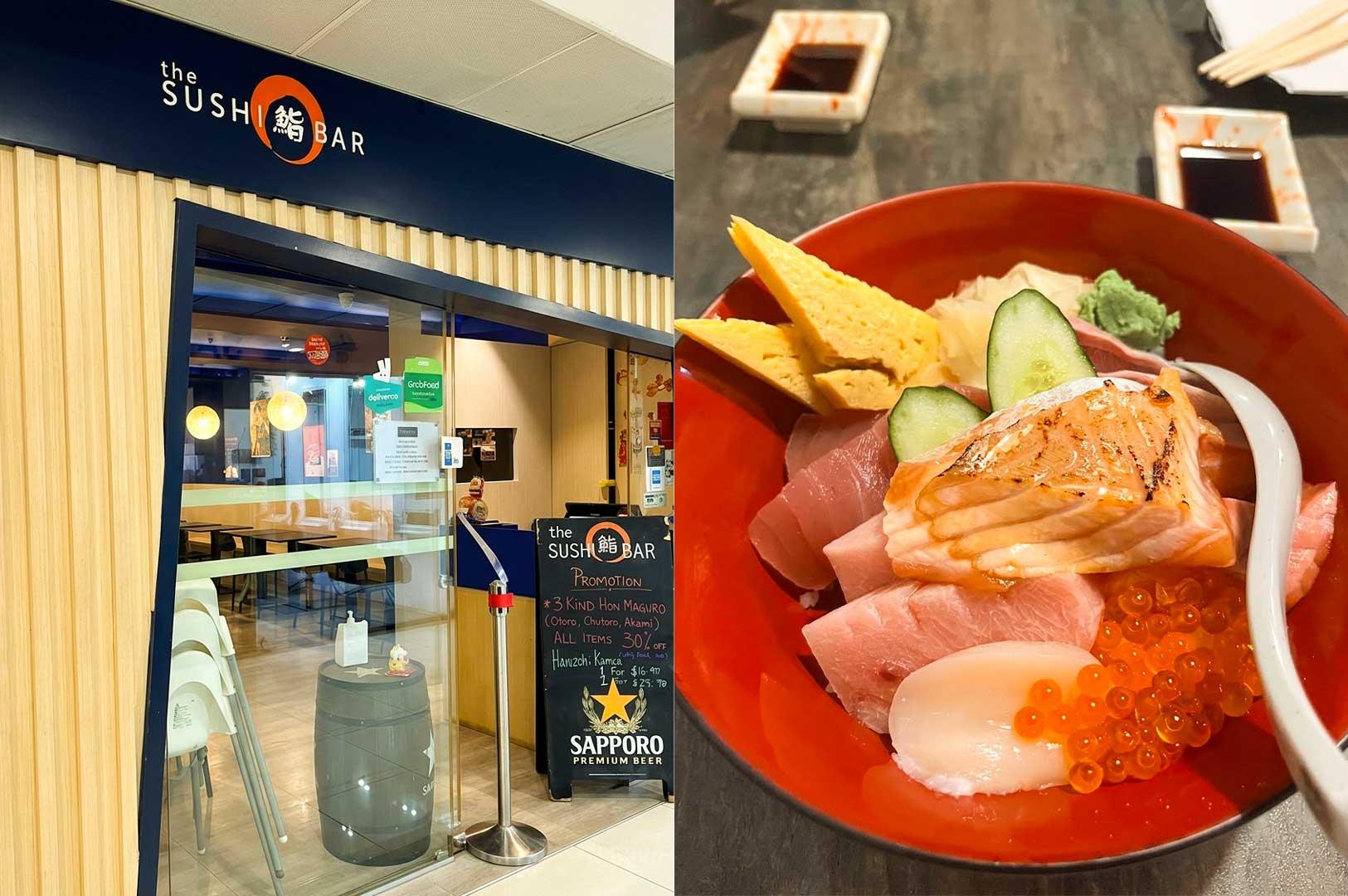 A composite image highlighting The Sushi Bar in Singapore. The left side shows the restaurant's entrance with a black and wooden facade, glass doors, and a chalkboard menu displaying promotional offers. The right side features a vibrant chirashi don in a red-lined bowl, artfully topped with thick slices of raw tuna, aburi (seared) salmon, a whole scallop, ikura pearls, tamago triangles, cucumber slices, and a dollop of wasabi.