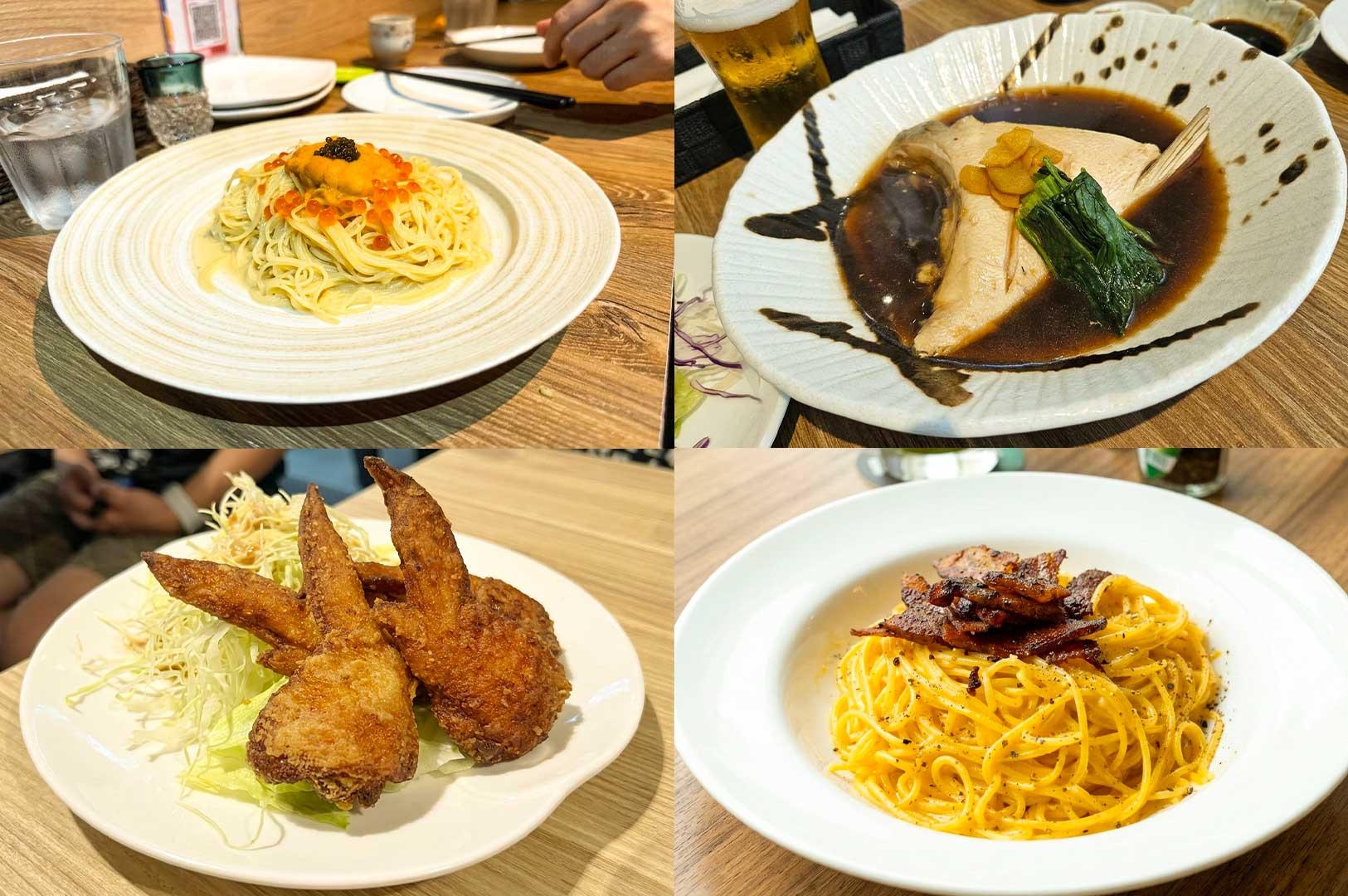 A four-panel collage highlights a selection of Japanese-Italian dishes served at a restaurant. The top-left panel shows cold angel hair pasta topped with sea urchin, salmon roe, and caviar, while the top-right displays a braised fish collar in dark sauce garnished with greens and ginger. The bottom-left features crispy fried chicken wings served alongside shredded cabbage, and the bottom-right presents a plate of rich carbonara pasta topped with crispy pan-seared bacon bits.