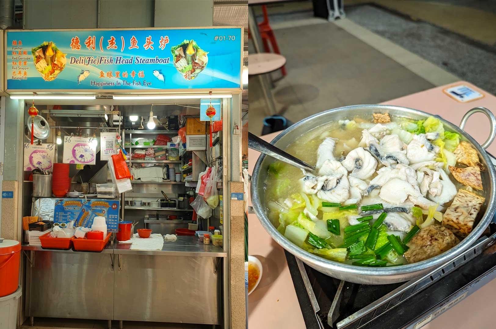 A split-screen composition featuring the hawker stall front of Deli (Jie) Fish Head Steamboat (#01-70) on the left, displaying a bright blue signboard listing fish choices such as Pomfret, Red Garoupa, Red Snapper, and Batang Fish above a stainless steel order counter, paired on the right with a wide metal cooking pot on a portable stove, packed with fresh fish slices, scallions, cabbage, and fried yam chunks in broth.